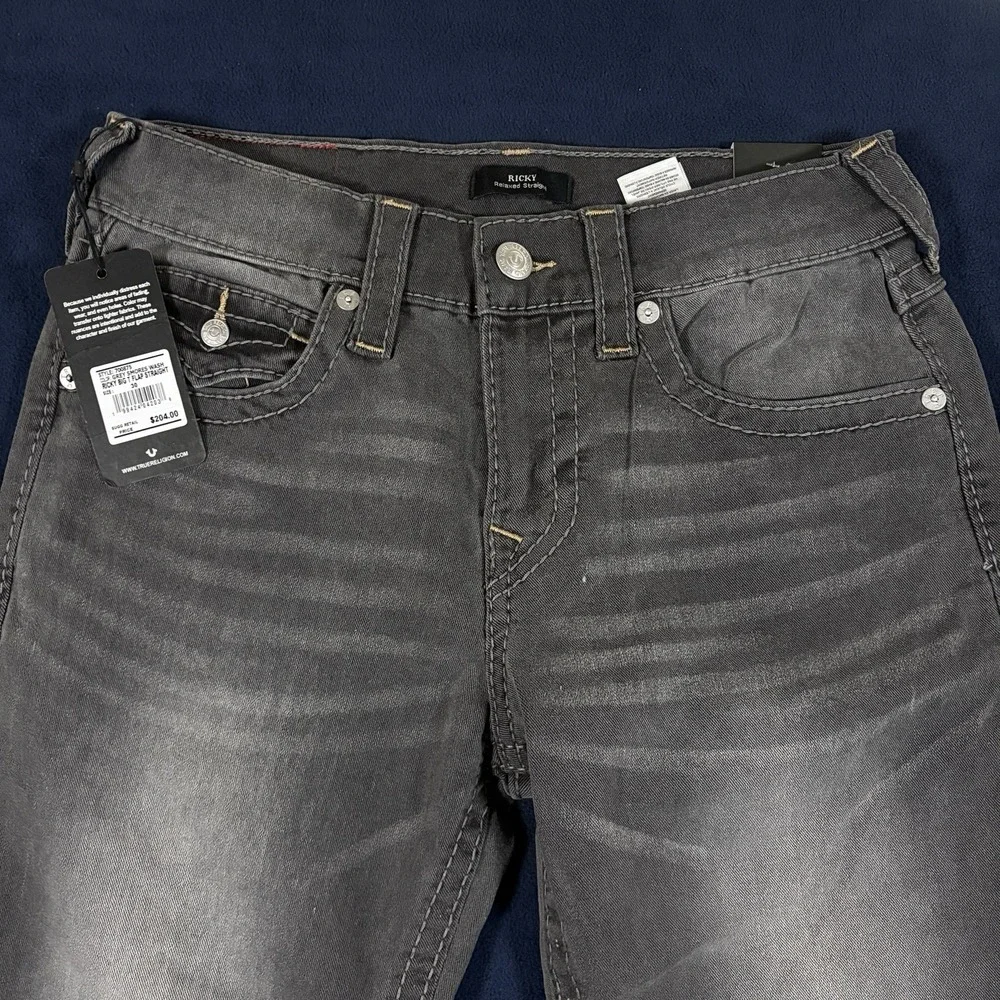 True Religion Jeans Mens Size 30x34 Ricky Big T Flap Relaxed Straight Gray Denim